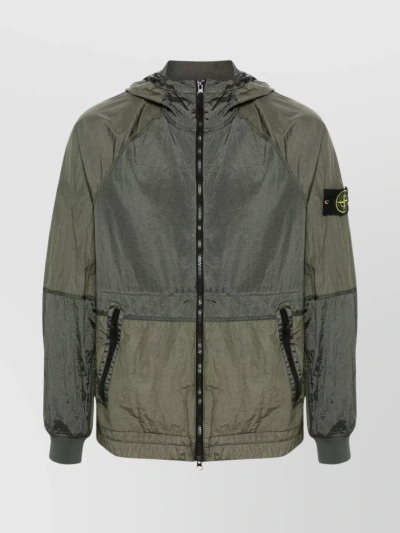 Stone Island Adjustable Nylon Jacket With Color Block Design In Green