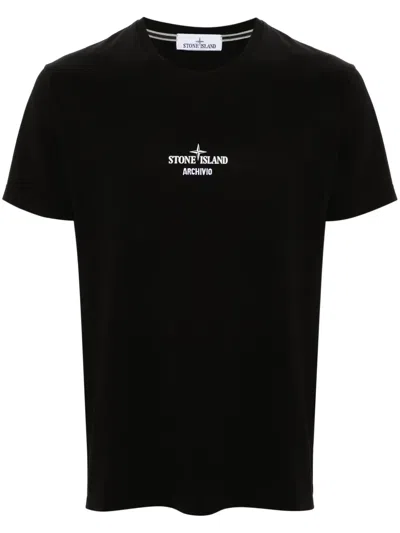 Stone Island Archivio Embroidered Logo-print Cotton-jersey T-shirt In Black