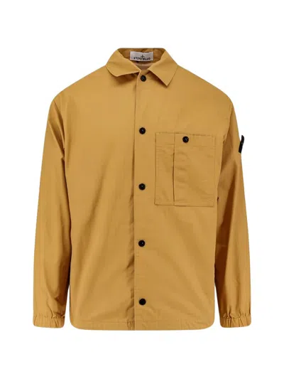 Stone Island Badge Snap-front Jacket With Chest Pocket & Elastic Cuffs In Brown
