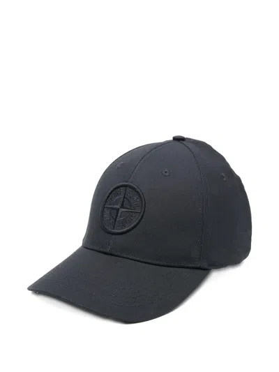 Stone Island Baseball Cap In Cotton Reps With Raised Compass Logo In Blu