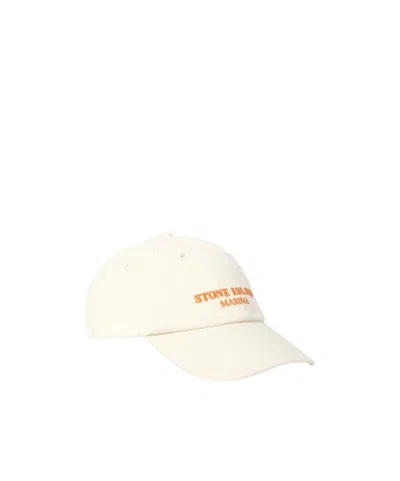Stone Island Baseball Cap With Embroidered Lettering And Adjustable Strap In Ivory