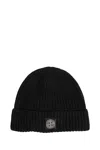 Stone Island Beanie With Compass Patch And Ribbed Cuff In Black