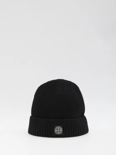 Stone Island Beanie With Compass Logo Patch In Black