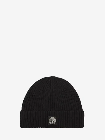 Stone Island Beanie With Compass Logo Patch In Black