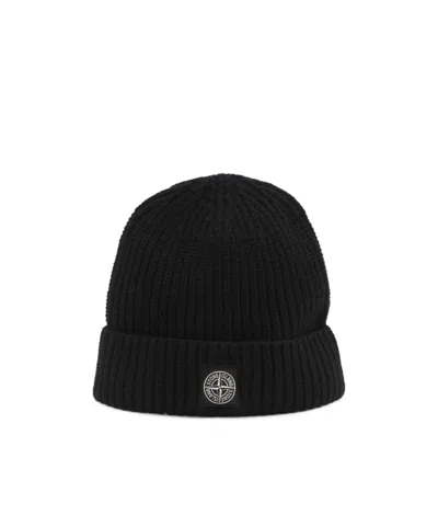 Stone Island Beanie With Compass Logo Patch In Black