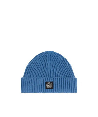 Stone Island Beanie With Compass Logo Patch In Blue