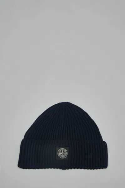 Stone Island Beanie With Compass Logo Patch In Blue