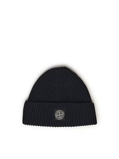 Stone Island Beanie With Compass Logo Patch In Black