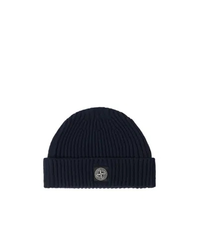Stone Island Beanie With Compass Logo Patch In Black