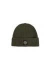 Stone Island Beanie With Compass Patch And Ribbed Cuff In Green