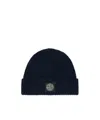 Stone Island Beanie With Compass Patch And Ribbed Cuff In Blue