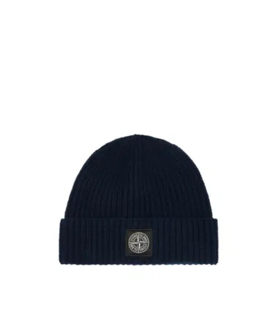 Stone Island Beanie With Compass Patch And Ribbed Cuff In Blue