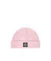 Stone Island Light Wool Knitted Beanie With Compass Patch Accessories In Pink