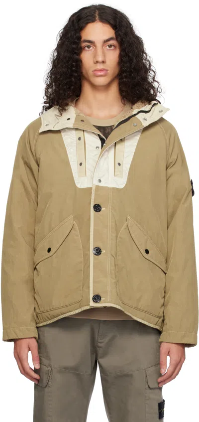 Stone Island Hooded Jacket Nylon Panama With New Silk Light Cookie In Brown