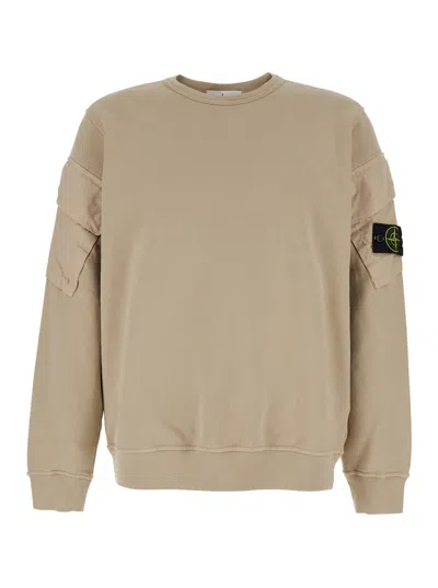 Stone Island Beige Crewneck Sweatshirt With Logo Patch On The Sleeve In Cotton Man In Neutral