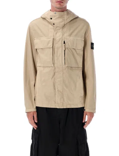 STONE ISLAND BEIGE HOODED LOGO PATCH JACKET