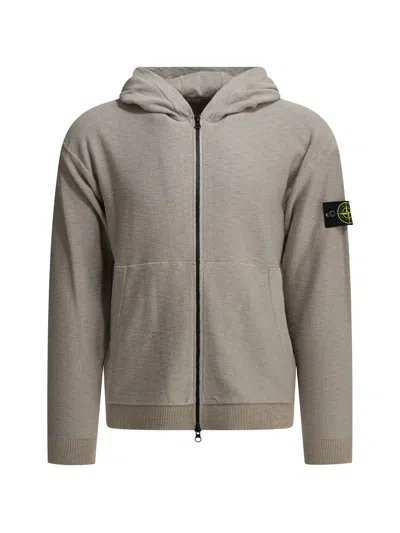 Stone Island Beige Hooded Zip Patch Sweater In Gray
