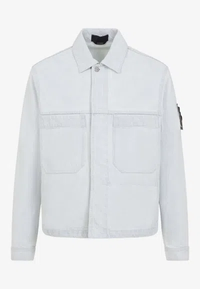 Stone Island Biker Denim Jacket With Logo-patch In White