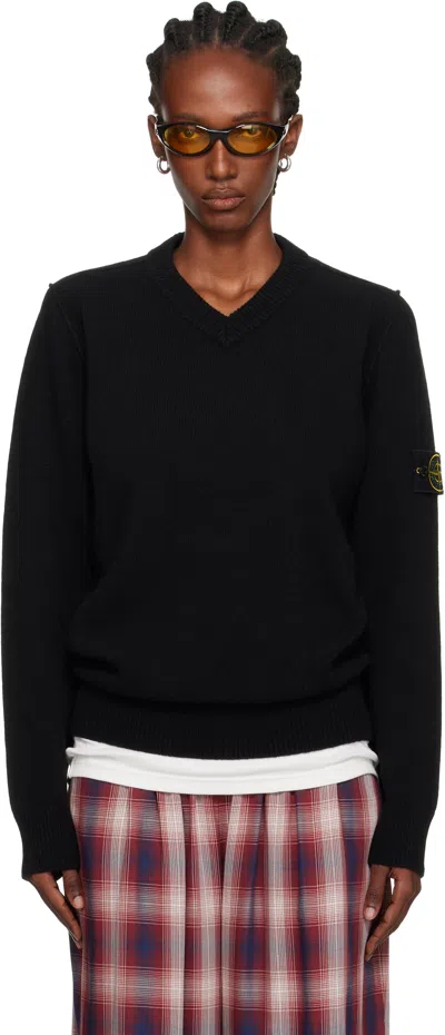 Stone Island Black 5100033 V-neck Jersey Lambswool Sweater