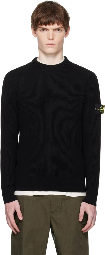 Stone Island Ribbed Wool Sweater With Distinctive Logo Patch In Black