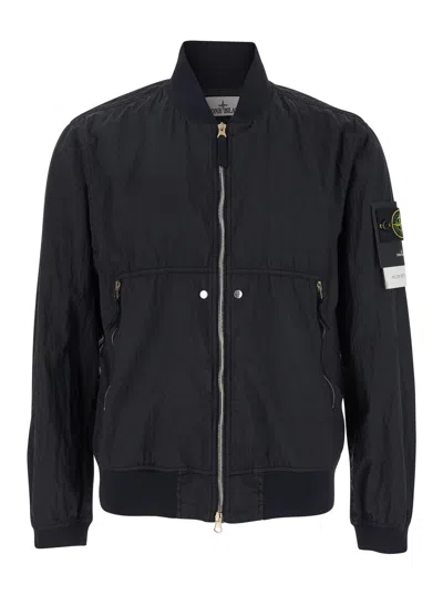 Stone Island Black Bomber Jacket With Front Zip Closure And Logo Patch On The Sleeve In Tech Fabric