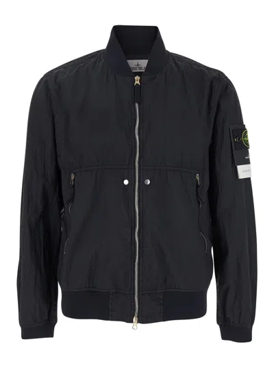 STONE ISLAND BLACK BOMBER JACKET WITH FRONT ZIP CLOSURE AND LOGO PATCH ON THE SLEEVE IN TECH FABRIC MAN