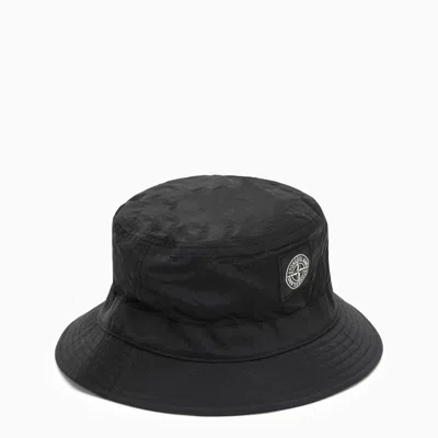 Stone Island Black Bucket Hat In Nylon With Logo