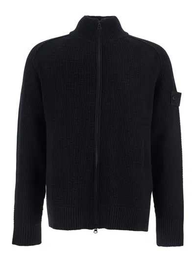 STONE ISLAND BLACK CARDIGAN WITH HIGH NECK AND LOGO PATCH ON THE SIDE IN WOOL MAN