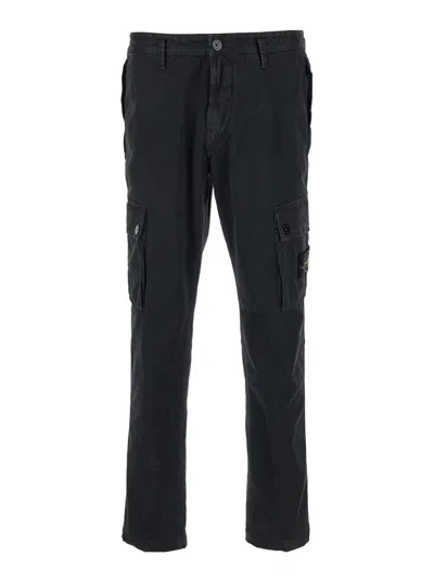 Stone Island Black Cargo Pants With Logo Patch In Stretch Cotton Man