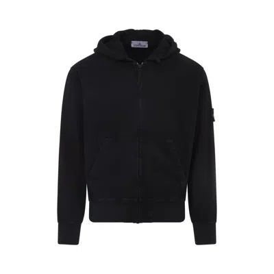 Stone Island Zip-up Hooded Sweatshirt In Soft Cotton Fabric In Black