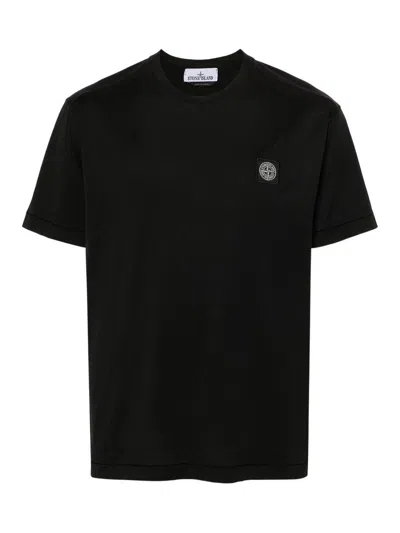 STONE ISLAND BLACK COTTON T-SHIRT WITH LOGO APPLIQUE