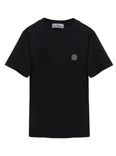 Stone Island Kids' Black Crewneck T-shirt With Patch Logo In Cotton Boy