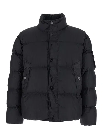 Stone Island Black Down Jacket With High Neck And Log Patch On The Sleeve In Tech Fabric Man