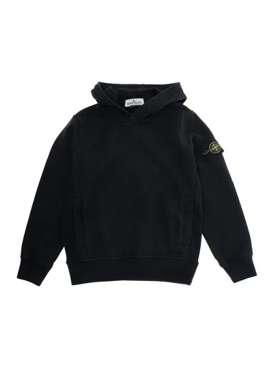 Stone Island Kids' Black Hoodie With Fixed Hood And Logo Patch On The Sleeve In Cotton Boy