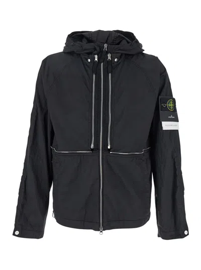 Stone Island Black Jacket With Compass Logo Patch Applied On The Sleeve In Tech Fabric Man