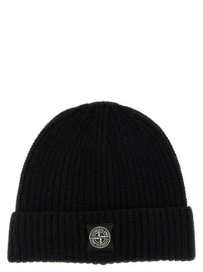STONE ISLAND BLACK LOGO BEANIE HAT