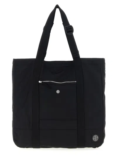 STONE ISLAND BLACK LOGO PATCH TOTE
