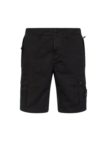 Stone Island Black Organic Cotton Twill Cargo Bermuda Shorts In Gold