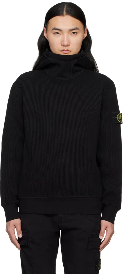 Stone Island Black Organic Cotton Waffle Fleece Hoodie In V0029 Black
