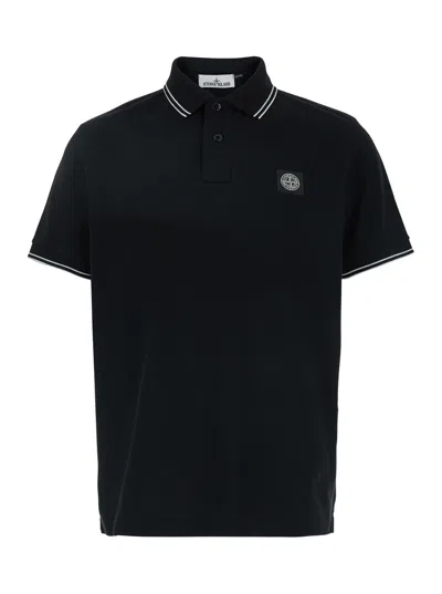 Stone Island Black Polo Shirt With Classic Collar And Logo Patch On The Front In Cotton Stretch Man