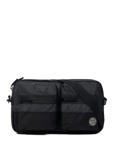 Stone Island Logo-patch Panelled Shoulder Bag In Blue