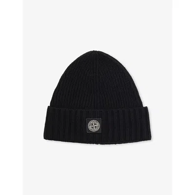 Stone Island Kids' Black Ribbed Compass-patch Knitted Beanie Hat
