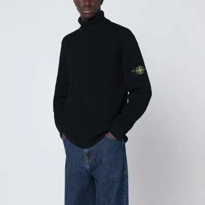 Stone Island Black Ribbed Turtleneck Sweater In Animal Print