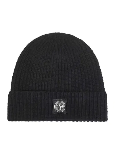 Stone Island Black Ribbed Wool Beanie