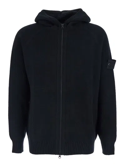 Stone Island Black Sweater With Hood And Logo Patch On The Sleeve In Cashmere Man