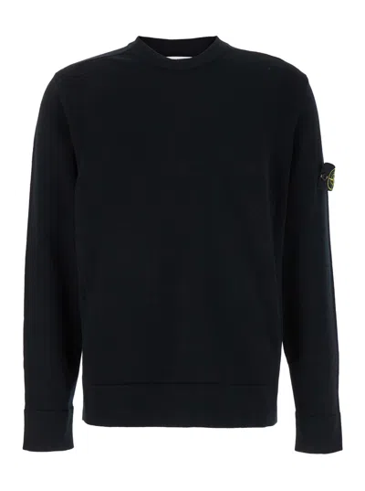 STONE ISLAND BLACK SWEATER WITH LOGO PATCH AND RIBBED TRIM IN WOOL BLEND MAN