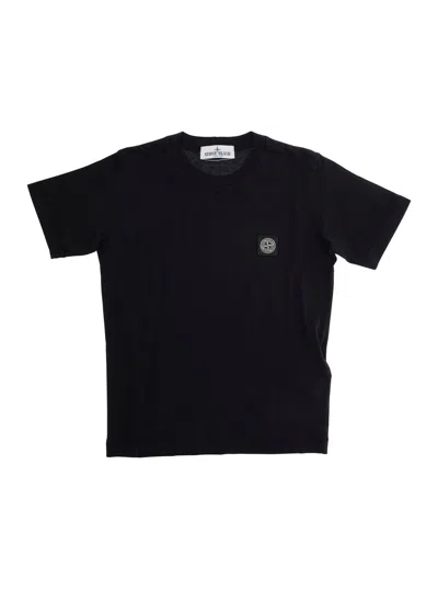 STONE ISLAND BLACK T-SHIRT WITH ROUND NECK AND LOGO PATCH ON THE FRONT IN COTTON BOY