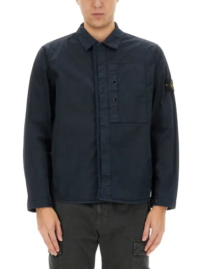 Stone Island Black Twill Shirt With Logo Patch In Blue