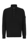 Stone Island High Collar Pullover With Buttoned Placket And Logo Patch In Black