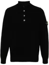 Stone Island High Collar Pullover With Buttoned Placket And Logo Patch In Black